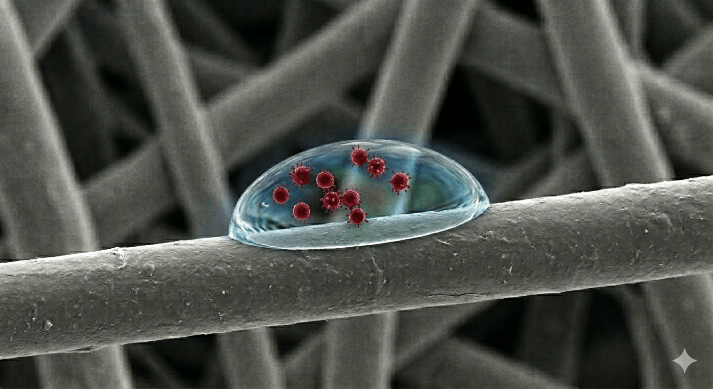 AI image of droplet containing virus in contact with massk fibre