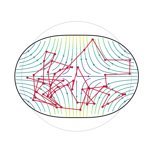 oblate deformed droplet containing streamline flow plot, plus a random walk polymer